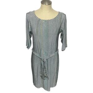 Leota Heirloom Chevron Illusion Belted Dress, Blue, Gold, V-back, A-line, Small